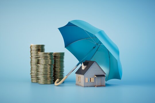 The concept of home insurance. coins and a house under an umbrella. 3D render