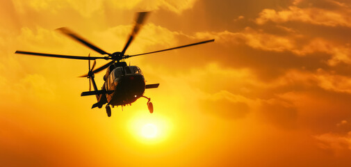 Battle helicopter flying into sunset clouds, silhouette visible only, wide banner with space for text. Generative AI
