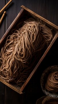 Delicious Soba Noodles Photorealistic Vertical Background. Asian Cousine Traditional Meal. Ai Generated Lifelike Background with Delicious Instant Soba Noodles. Generative AI