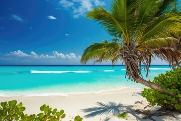 Obraz na płótnie Canvas serene tropical beach with a palm tree in the foreground. Generative AI