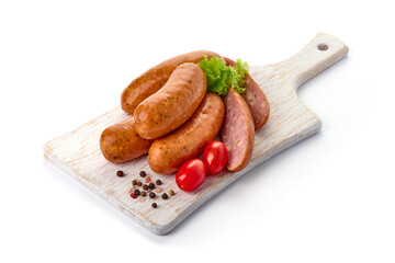 Smoked sausages for grill, isolated on white background. High resolution image.