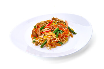 Stir fry egg noodles with chicken, sweet paprika, mushrooms, chives and sesame seeds in bowl. Asian cuisine dish. White table background, top view.