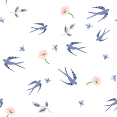 Swallow birds, flowers, white background. Vector seamless pattern. Cute print. Spring illustration
