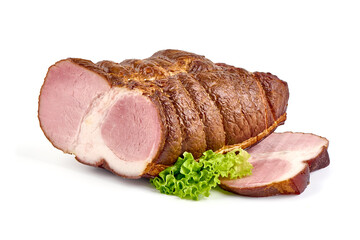 Cold smoked meat with slices, rustic style, isolated on white background.