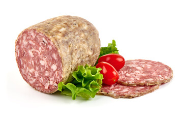 Italian pork salami sausage, Napoli, isolated on white background.