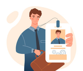 Check personality concept. Man stands with briefcase and badge. Verification and security, journalist or employee. ID card, identification for press and mass media. Cartoon flat vector illustration