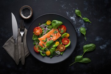 healthy meal with salmon and vegetables served with utensils. Generative AI