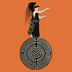 Ancient Greek goddess Nike standing on top of a round spiral maze or labyrinth symbol. Winged antique angel. On orange red background.