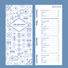 Restaurant menu design template, with food icons and geometric elements.