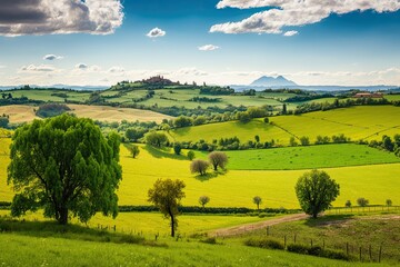 Obraz premium serene and vibrant countryside landscape with rolling hills and trees. Generative AI