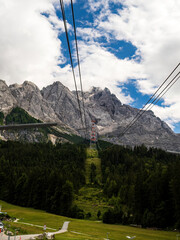Zugspitze cable car Zugspitzbahn track going up the summit as seen from the Eibsee station, summer, cloudy weather
