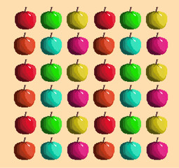 Template and background design of Colorful apples, six colors, fruit. Pixel art design, vector, graphic illustration