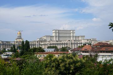 Fototapeta na wymiar Cityscape in Bucharest with Palace of Parliament and under construction National Cathedral