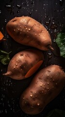 Fresh Organic Sweet Potato Vegetable Photorealistic Vertical Background. Healthy Vegetarian Diet. Ai Generated Lifelike Background with Delicious Juicy Sweet Potato Vegetable. Generative AI