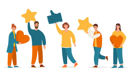 Concept of evaluation. Collection of men and women with stars, thumbs up and heart. Rating and feedback, social media reactions. Cartoon flat vector illustrations isolated on white background