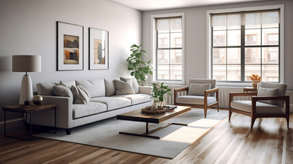 A modern living room bathed in warm sunlight, light gray walls