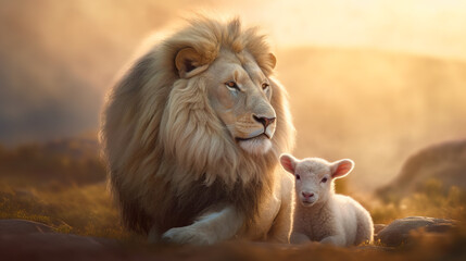 The Lion and the Lamb, Bible's description of the coming of Jesus Christ. AI-generated image