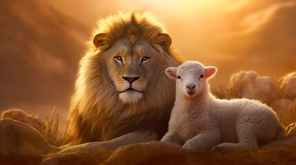The Lion and the Lamb, Bible's description of the coming of Jesus Christ. AI-generated image - obrazy, fototapety, plakaty