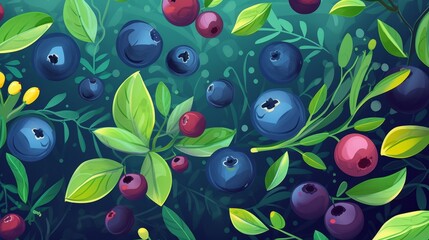 Fresh Organic Bilberry Berry Cartoon Horizontal Background Illustration. Healthy Vegetarian Diet. Ai Generated drawing Background Illustration with Delicious Juicy Bilberry Berry. Generative AI