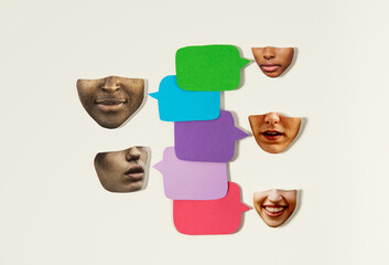 Collage of five people with colorful speech bubbles