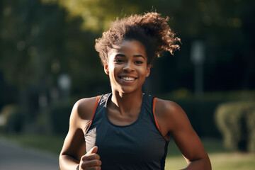 Cheerful black woman training  park. Created with artificial intelligence.