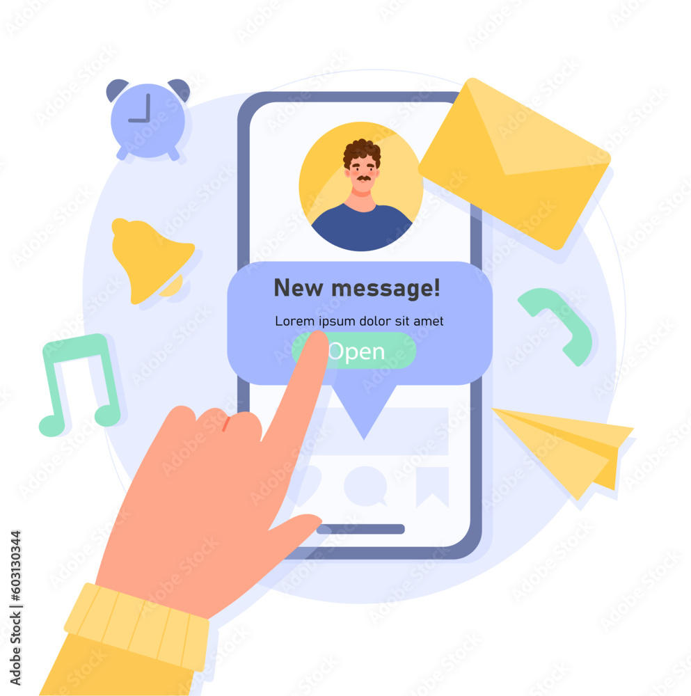 Poster hand click at phone. character opens incoming messages, sms and email. communication in social netwo