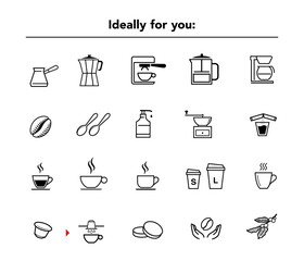Coffee infographic icons. Set of sign for detailed guideline. Vector elements on a white background. Ready for your design. Suitable brewing methods. Can be used on packaging, advertising, promo.	