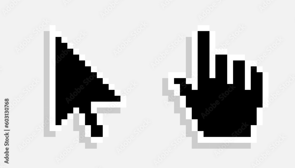 Fototapete pixel mouse cursor and hand pointer black icon set. clipart image isolated on white background