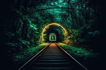 train track passing through a dark and mysterious tunnel in the midst of a dense forest Generative AI