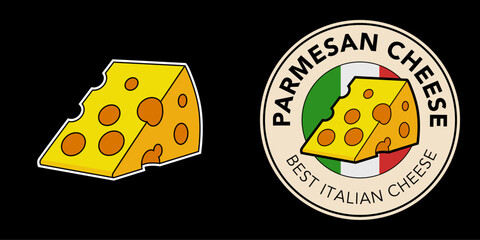 illustration vector of cheese printed on black background. cheese vector logo icon design for sticker, emblem and food packaging. rounded logos stickers for cheese with white outline stroke. 