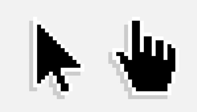 Pixel mouse cursor and hand pointer black icon set. Clipart image isolated on white background