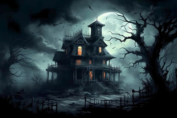 Creepy haunted mansion, spooky moonlit sky, trees in background with eyes shining from shadows. AI generative