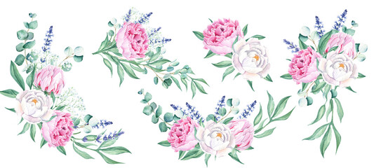 Watercolor peonies bouquets set. Hand drawn combination of white and pink flowers, lavender, eucalyptus and gypsophila branches isolated on white background. Can be used for greeting cards, wedding