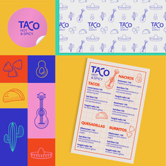 Mexican Tacos restaurant branding elements.
Food icons, menu, wrapping paper, logo.
Vector identity design. 