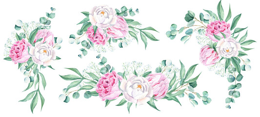 Watercolor peonies bouquets set. Hand drawn combination of white and pink flowers, eucalyptus and gypsophila branches isolated on white background. Can be used for greeting cards, wedding invitations