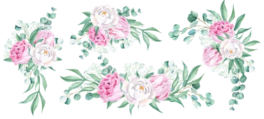 Schilderijen op glas Watercolor peonies bouquets set. Hand drawn combination of white and pink flowers, eucalyptus and gypsophila branches isolated on white background. Can be used for greeting cards, wedding invitations © Tatiana