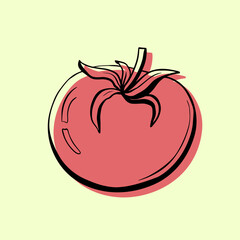 An colorful abstract tomato on green summer background. The icon is made in one line style and have a flat background. Stylish fruity red illustration, icon, background. Vector graphic.