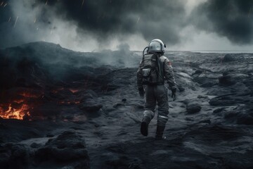 astronaut exploring a volcanic landscape Generative AI