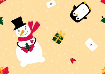 Christmas snowman seamless penguin and gifts box and letters pattern for wrapping paper and linens and fabrics