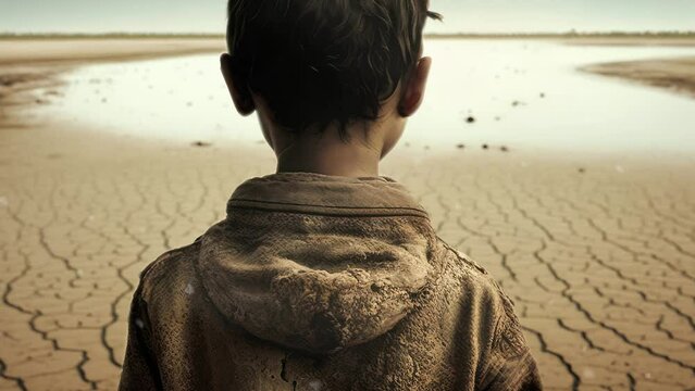 Hungry boy on the dry land. Back view. Generative AI