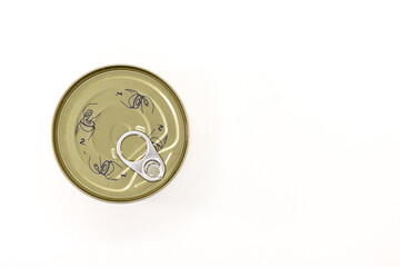 Tin can with opening ring top view on white background isolate