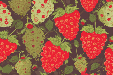 Vector abstract pattern with raspberries and green leaves on a dark background.