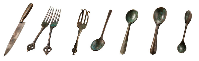 Antique, old cutlery, fork, knife, spoon isolated, png (AI)