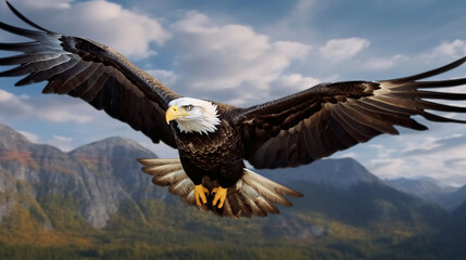 Obraz premium 늠름하게 하늘을 날고 있는 독수리. 인공지능 생성