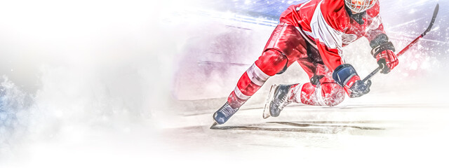 hockey player in action on the ice, banner with copy space, made with Generative AI