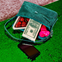 green purse with some fake dollar bills and some other items