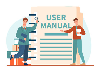 User manual concept. Men with magnifying glass near document, instructions and guidebook. FAQ and information for customers. Requirements and specifications. Cartoon flat vector illustration