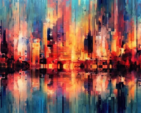 Digital glitch art depicts an abstract, colorful city background. (Generative AI) © HandmadePictures