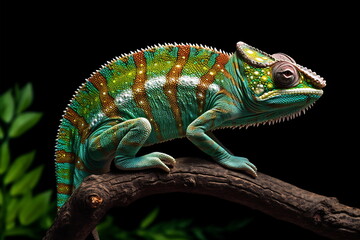 Lizard chameleon on black background Generative AI