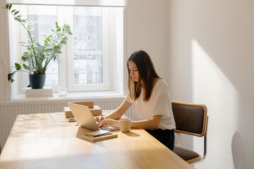A young woman is working with a laptop